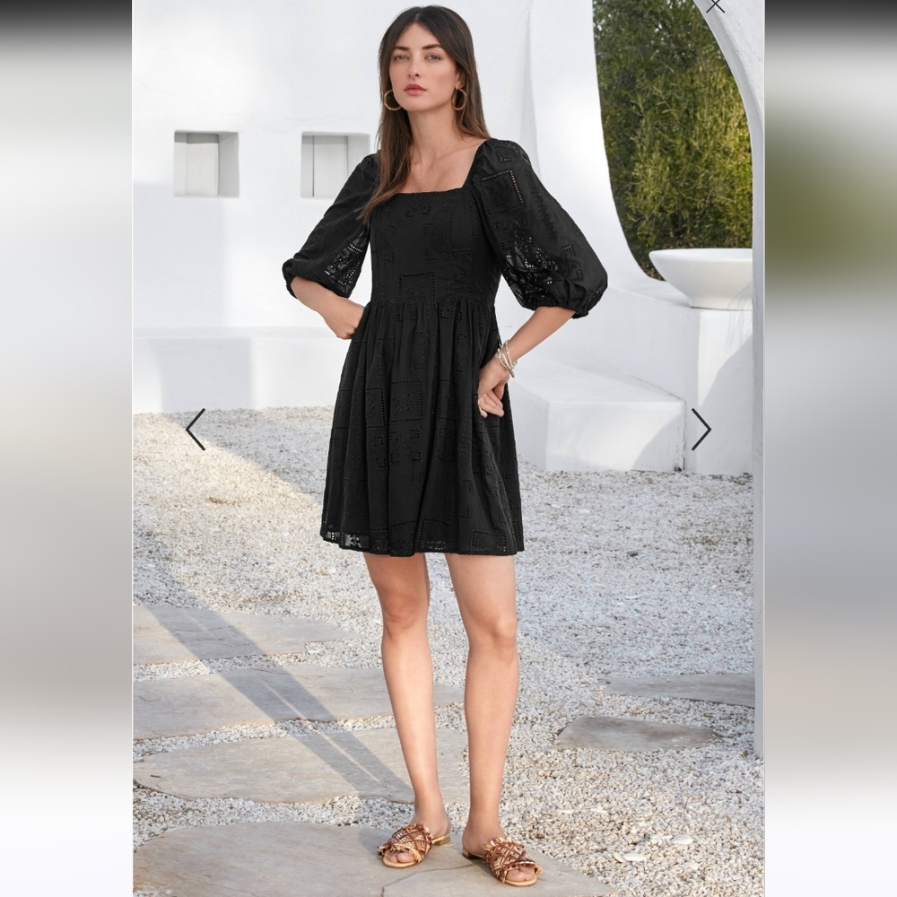 Johnny Was Ella Mini Dress Black‎ Silk Cotton Eyelet Romantic Beachy Boho Medium